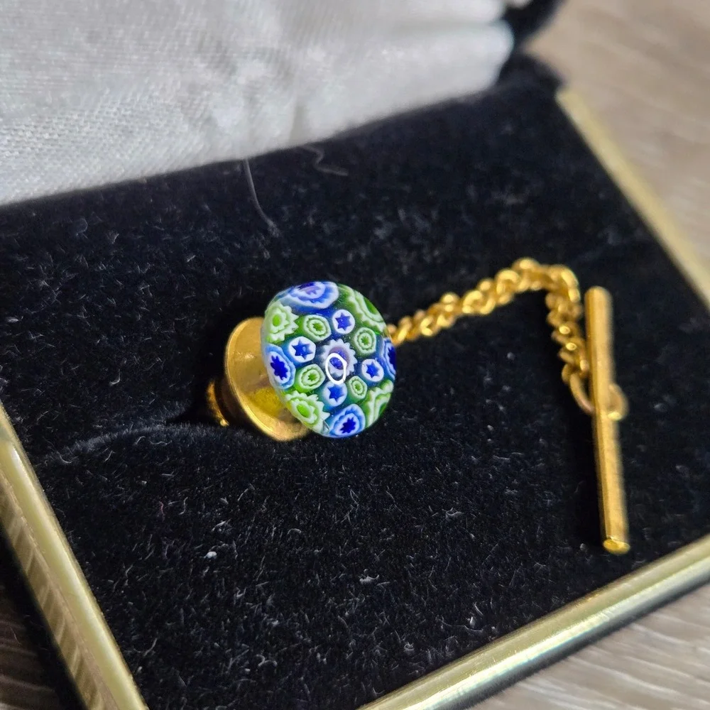 Vintage Millefiori Glass Mosaic Tie Tack Gold Tone Guard Chain Pin